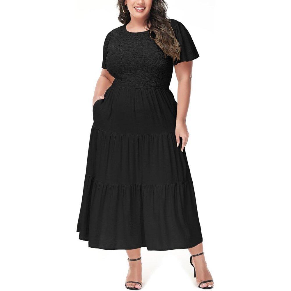 Women's Plus Size Maxi Dress Soft Flutter Short Sleeve Elastic Waist Casual